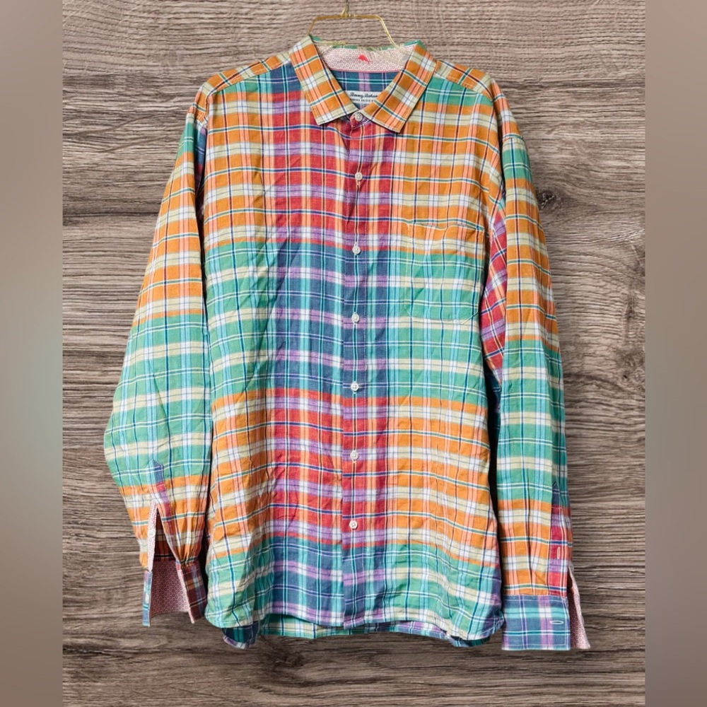 EUC Barbados Breeze Playa Plaid Stretch-Linen Shirt SZ XXL